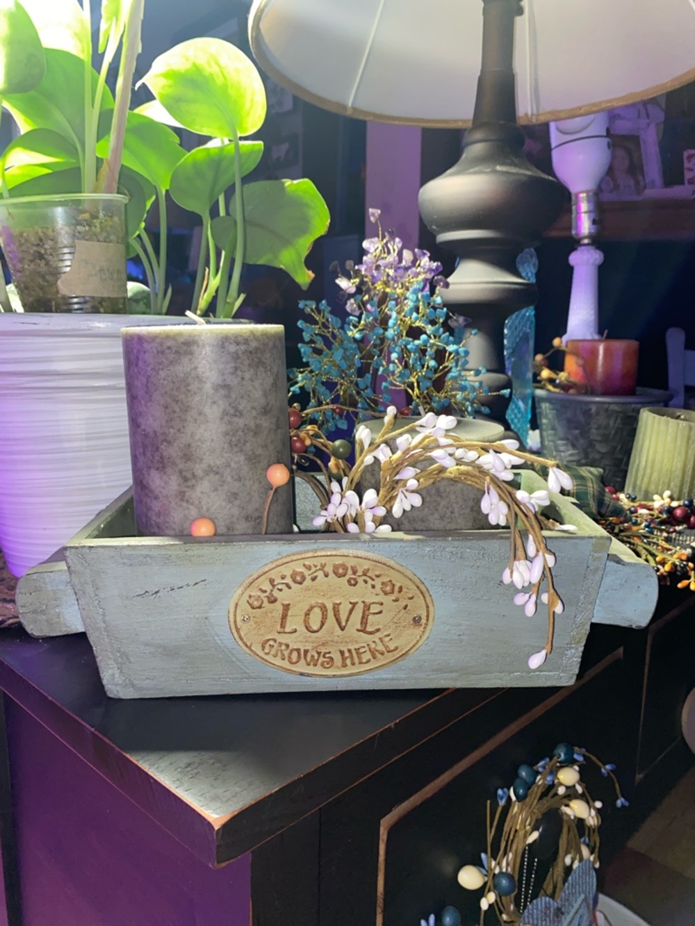 Wooden Decorative Crate Centerpiece "Love Grows Here" - Distressed Gray